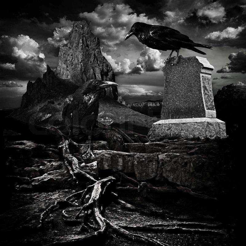 Spooky Halloween Haunted Mountain Cemetery With Scary Grave Site Tomb, Dead Twisted Tree Roots & Evil Ravens, stock photo