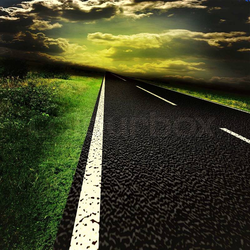 Asphalt road and red bloody blurred sky with sun, stock photo