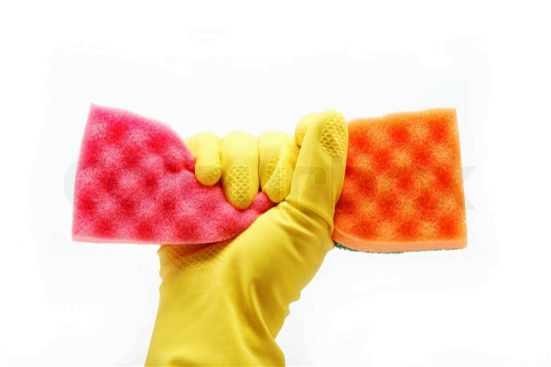 Hand with rubber glove and cleaning sponge on white background, stock photo