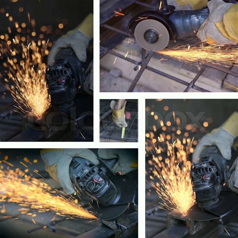 Collage of cutting metal with many sharp sparks, stock photo