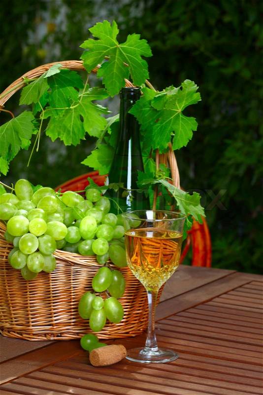 White wine bottle and bunch of grapes on basket, glass with in summer garden, stock photo
