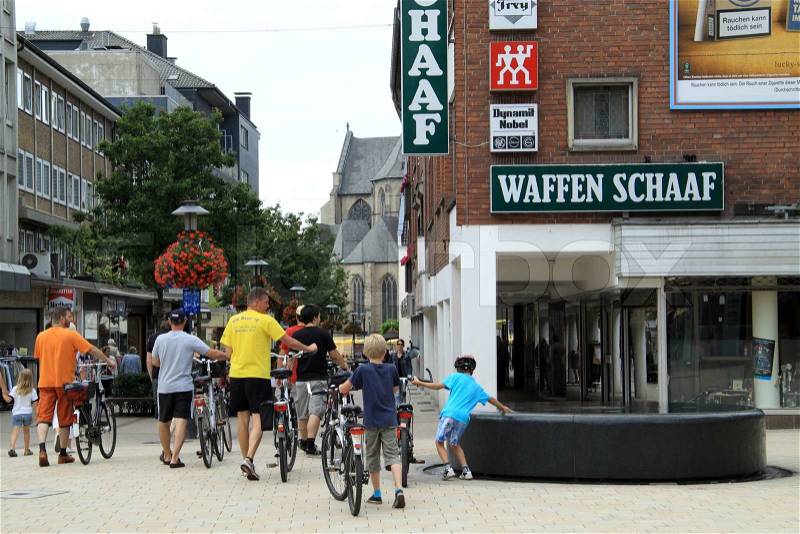 Shop street with shopping people city Wesel, stock photo