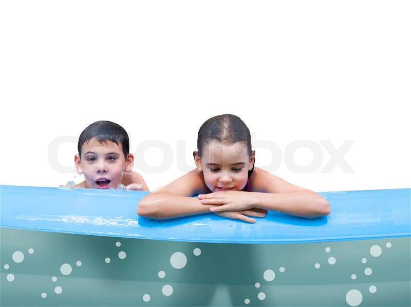 Girl and her brother playing in a kiddie pool Isolated on white, stock photo