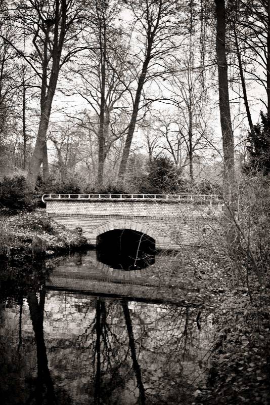 Lake bridge in black and white, stock photo