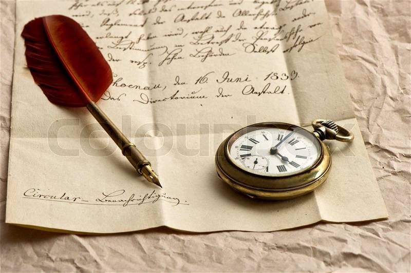 Old letter with clock and feather quill, stock photo