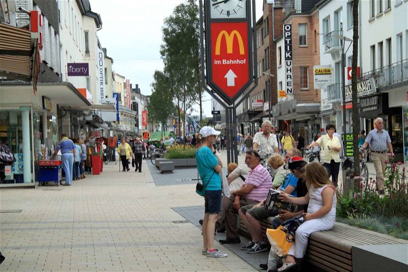 Shop street with shopping people city Wesel Germany, stock photo
