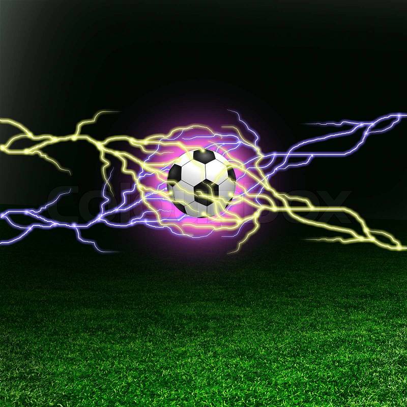 Soccer ball on the green field with lightnings, stock photo