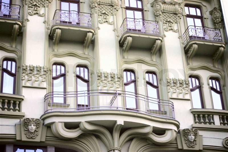 Old vintage building with fire escape in Odessa , monotone, stock photo