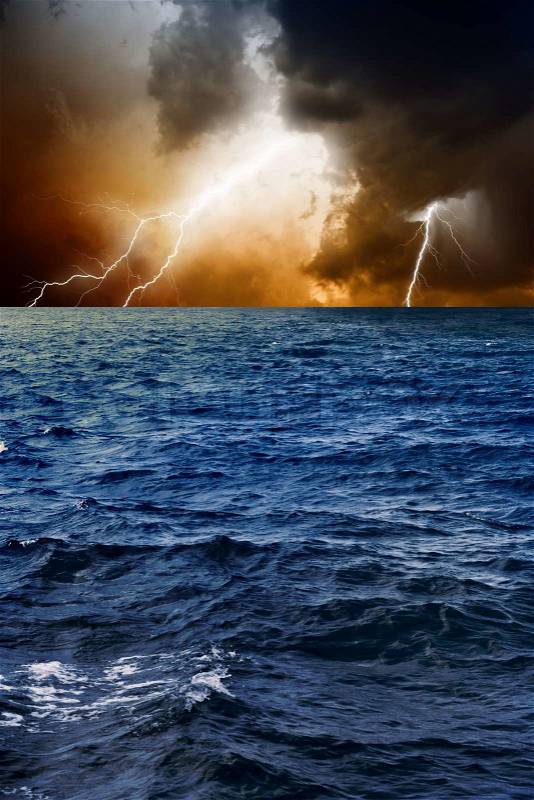 Lightnings in sky, sea, stock photo
