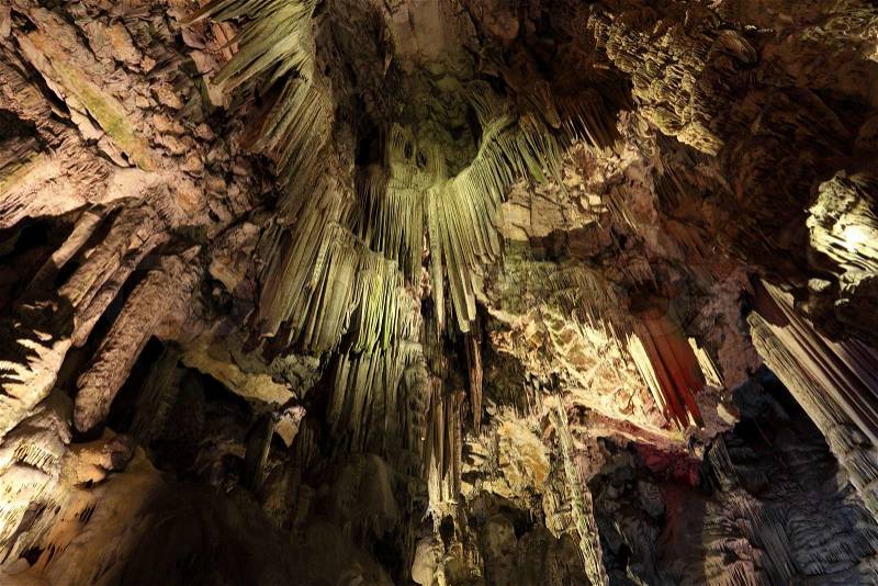 Stalactites inside of the St Michaels cave in Gibraltar, stock photo