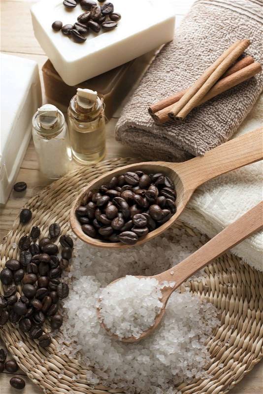 Aromatic spa coffee set with sea salt and soap, stock photo