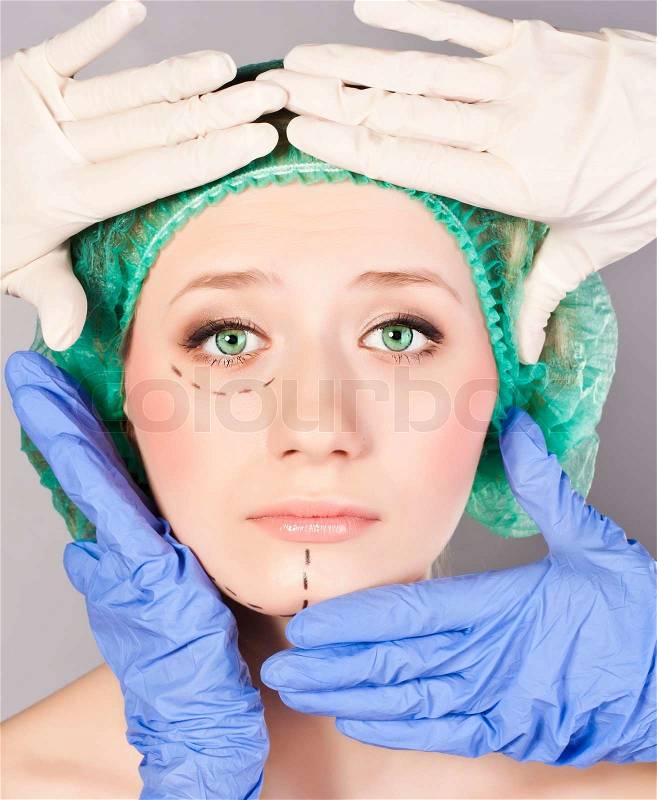 Lines on an attractive Caucasian lady face, stock photo