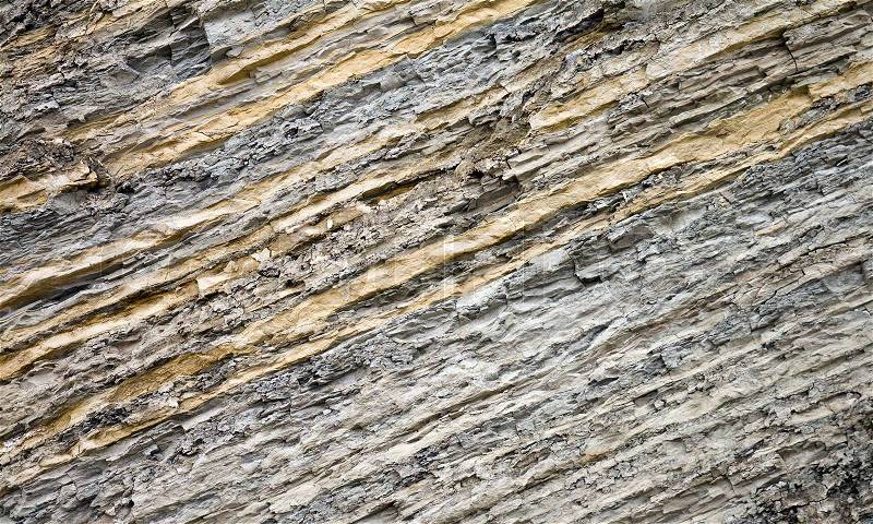 Texture of layered clay Closeup photo of cliff on Black Sea coast, stock photo