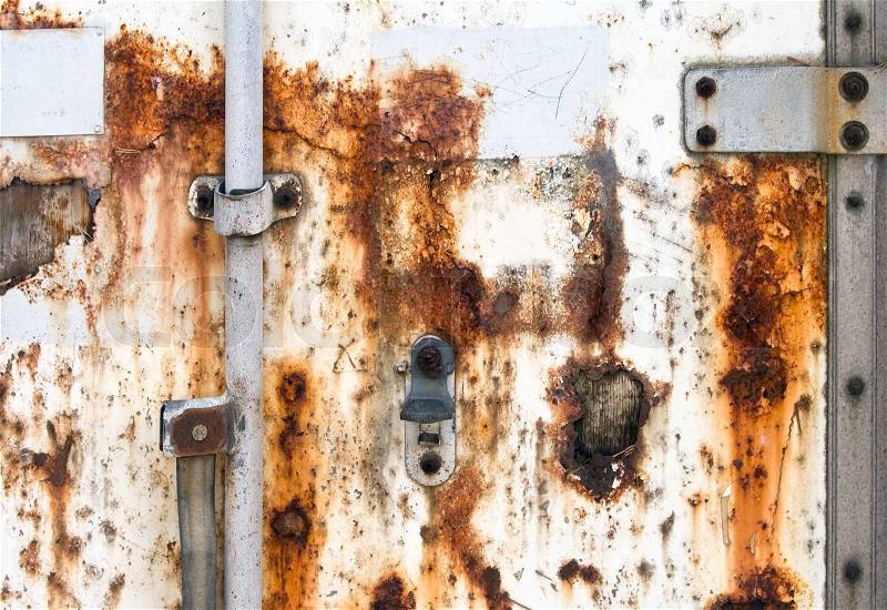 Old rusted cargo container door closeup texture, stock photo