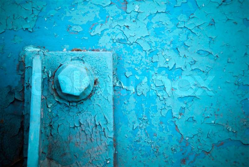Grunge industrial background with old blue painted steel construction and bolt, stock photo