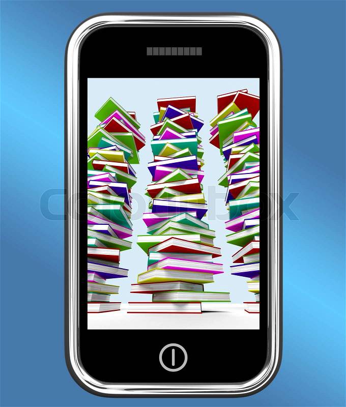 Mobile Phone With Stacks Of Books Shows Online Knowledge, stock photo
