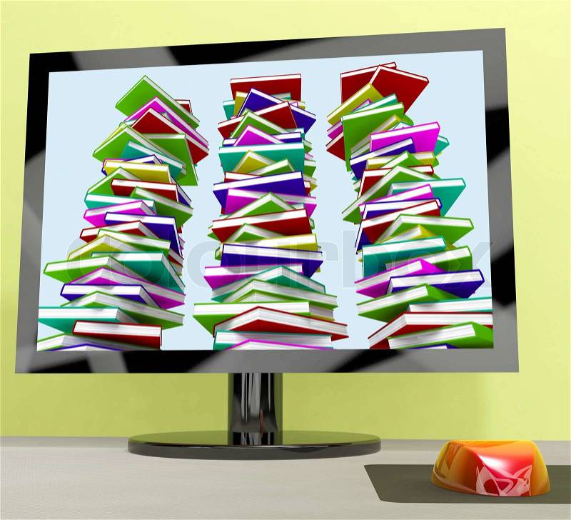 Three Stacks Of Books On Computer Shows Online Learning, stock photo