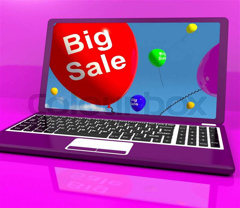 Big Sale Balloon On Laptop Shows Online Discounts, stock photo