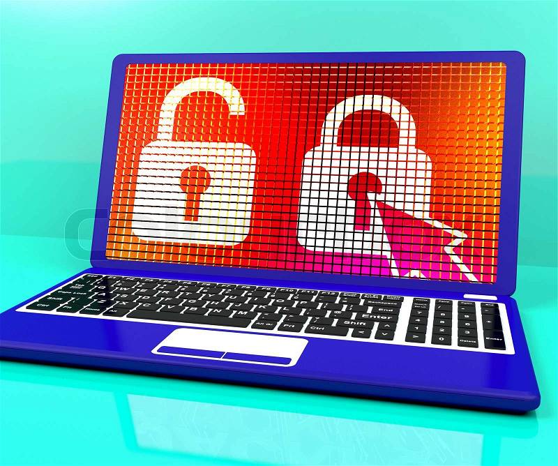 Locked Padlock On Laptop Showing Access Or Protection, stock photo