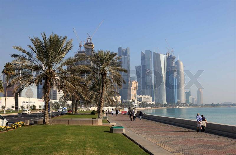 People walking on the corniche of Doha, Qatar, Middle East Photo taken at 6th of January 2012, stock photo