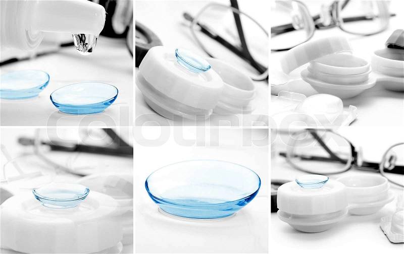 Set of blue contact lenses in container with solution, stock photo