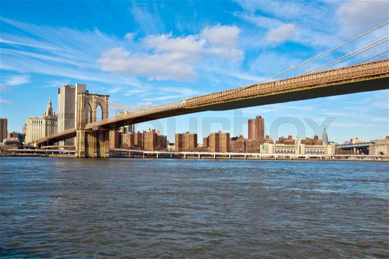 New York - Brooklyn Bridge and Lower Manhattan, stock photo