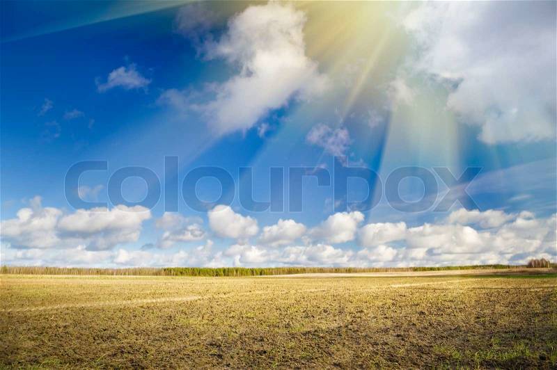 Plough plowed brown clay soil field, stock photo