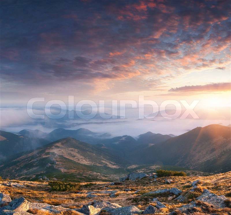 Colorful autumn landscape in the mountains Sunrise, stock photo