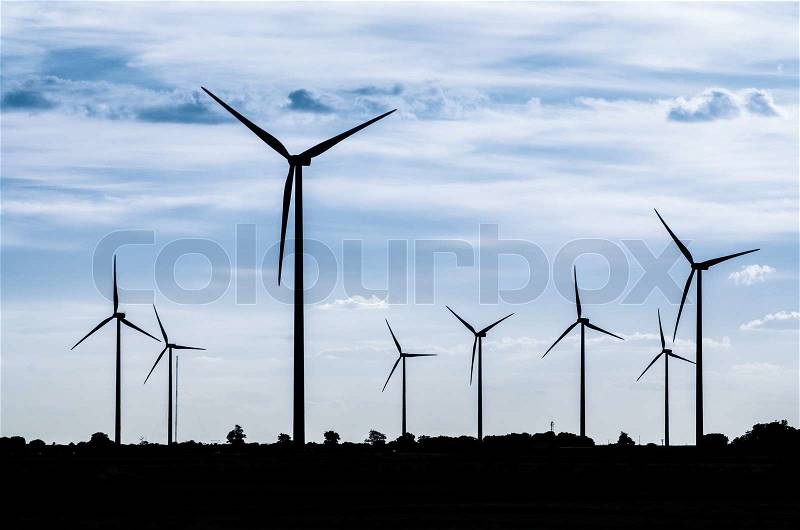Group of mills for electric power generation, stock photo