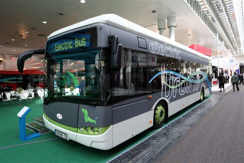 HANNOVER - SEP 20: New Solaris Urbino 12 Electric Bus at the International Motor Show for Commercial Vehicles on September 20, 2012 in Hannover Germany, stock photo