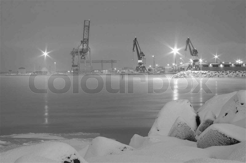 Winter night at the harbour, -23 degrees Celcius, stock photo