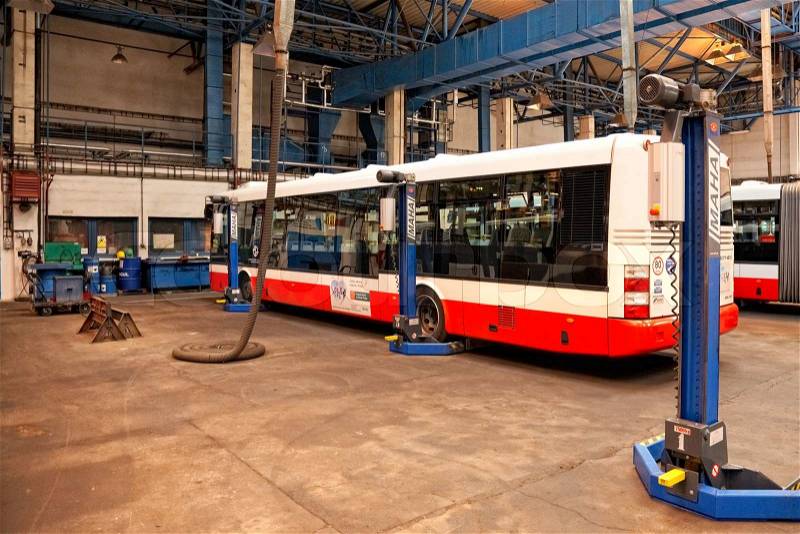 Buses in workshops in Depot Hostivar, Prague, stock photo