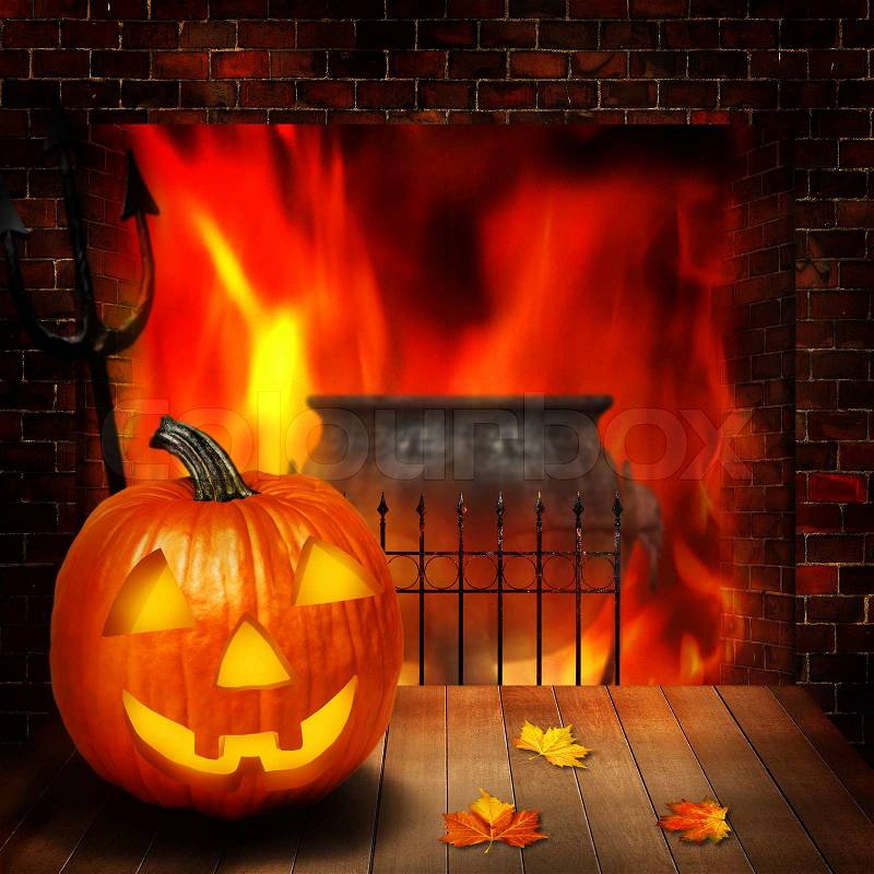 Halloween abstract backgrounds witn pumpkin and fireplace, stock photo