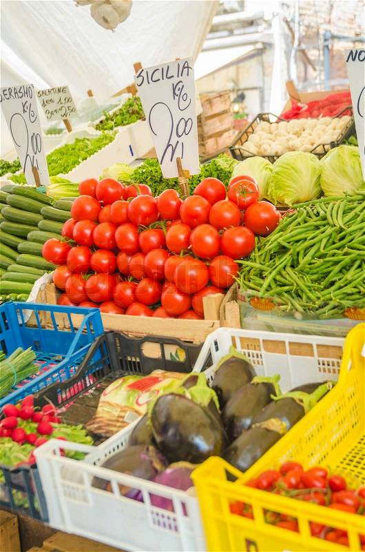Fruits and vegetables at the market stall, stock photo