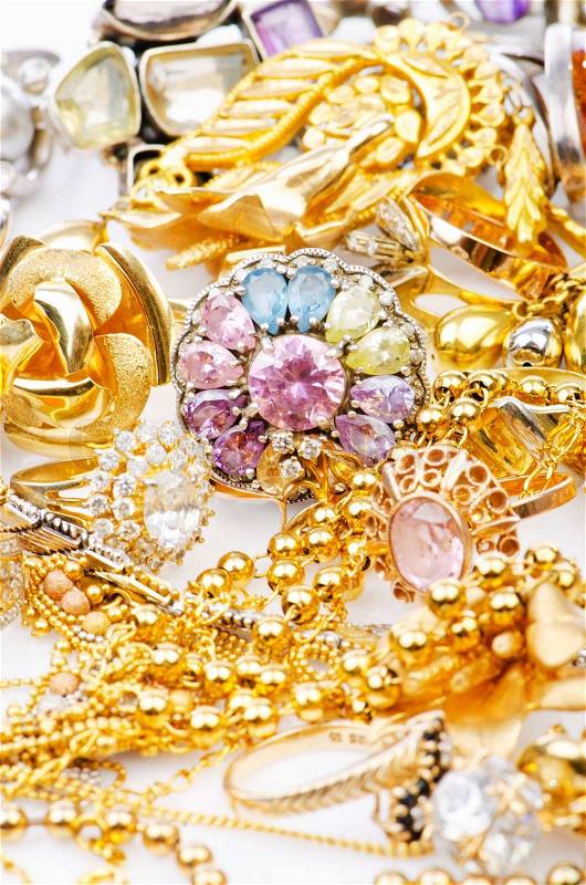 Large collection of gold jewellery, stock photo