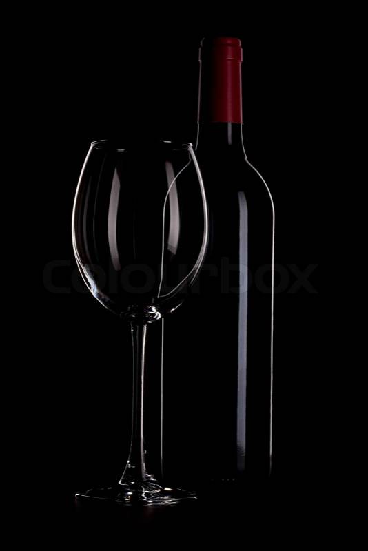 Wine bottle and glass outline on black, stock photo
