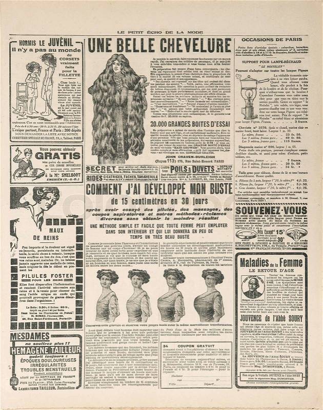 Newspaper page with antique advertisement france 1919, stock photo
