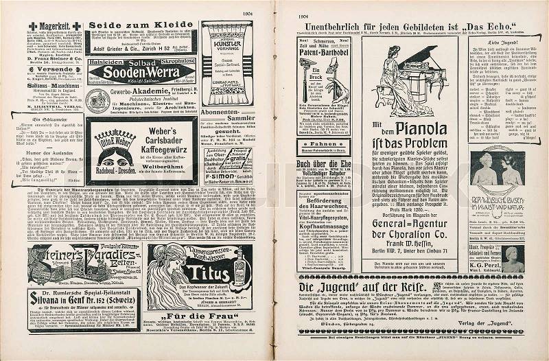 Newspaper page with antique advertisement, stock photo