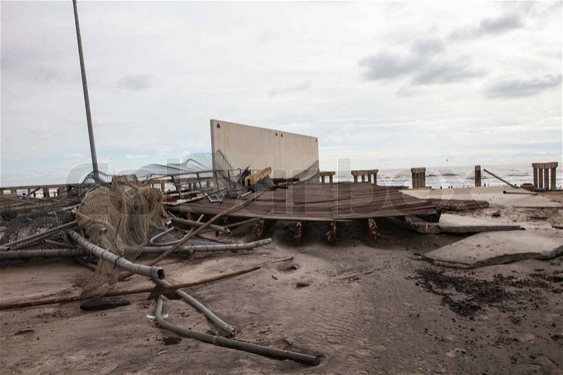 NEW YORK - November 1: Large section of the iconic boardwalk was washed away during Hurricane Sandy in Far Rockaway area October 29, 2012 in New York City, NY, stock photo