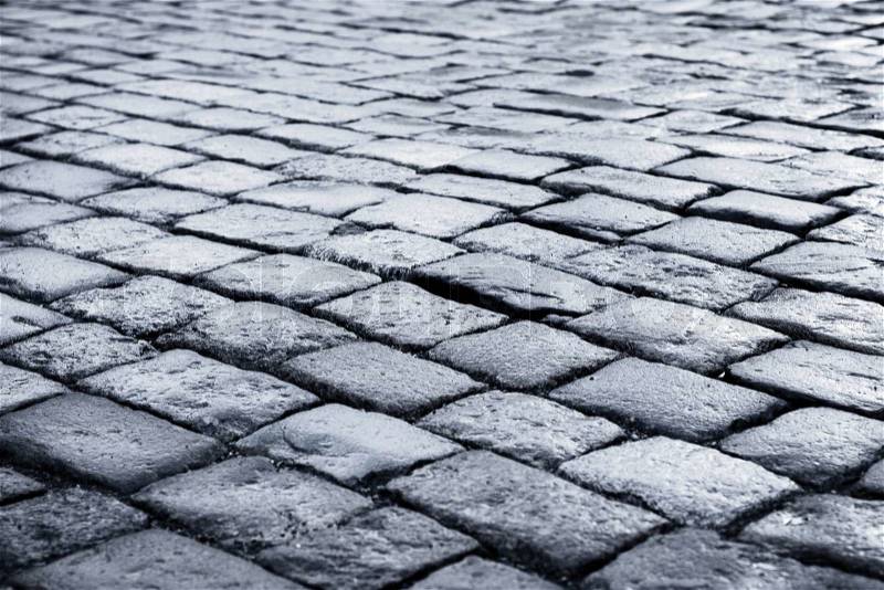 Black and white stone paved avenue street road, stock photo