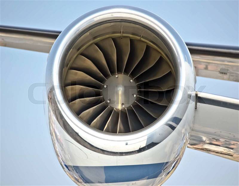 Close up of turbojet of aircraft travel time, stock photo