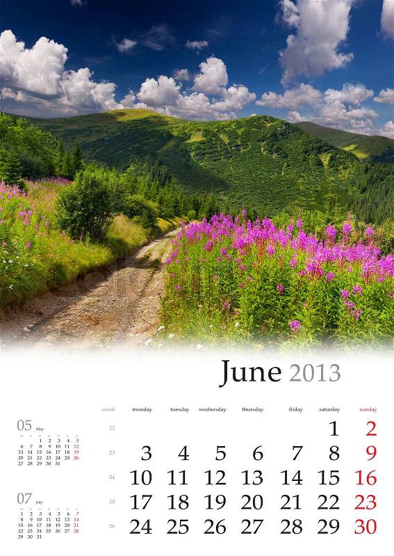 2013 Calendar June Beautiful summer landscape in the mountains, stock photo
