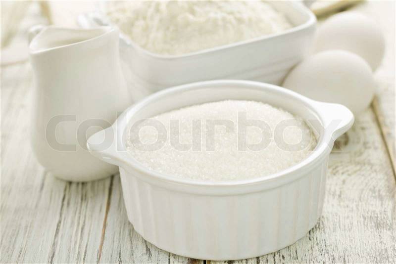 Flour, eggs, milk, sugar, stock photo
