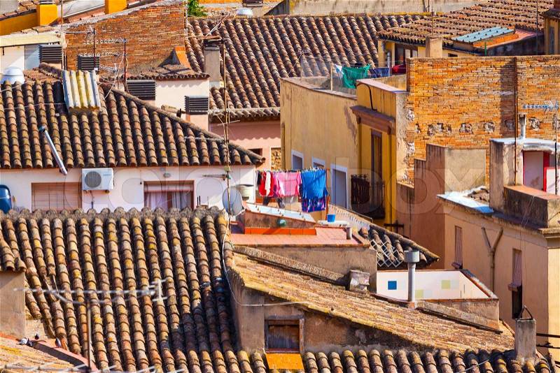 High-contrast picture of a Spanish town roof landscape, stock photo