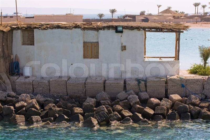 Boat hut with anchor ropes on the Red Sea coast, stock photo