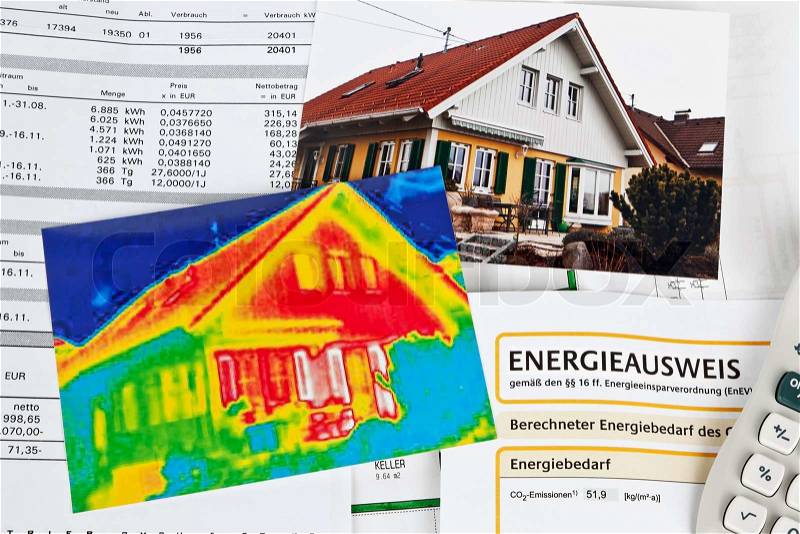 Save energy house with thermal imaging camera, stock photo