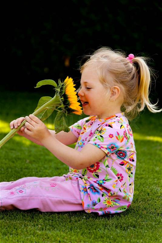 Child with sunflower in the garden in summer, stock photo