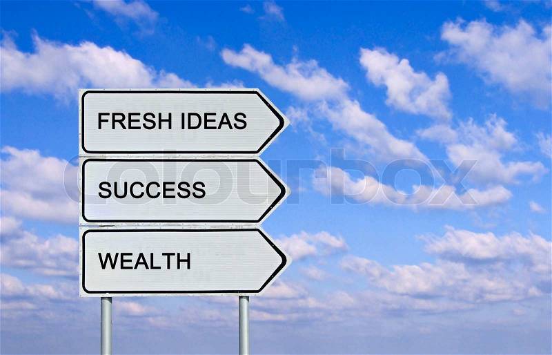Road sign to fresh ideas,success, wealth, stock photo