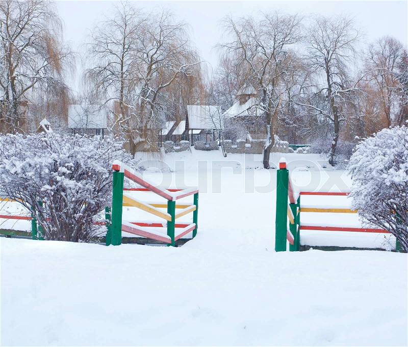 Snow-covered landscape in the city park, stock photo