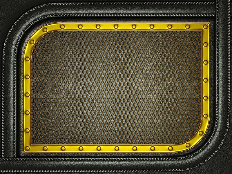 Black leather background with golden metallic grill, stock photo